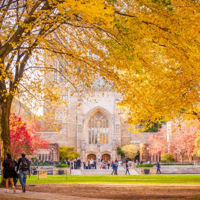 Beautiful fall colors outside Sterling Memorial Library at Yale University.