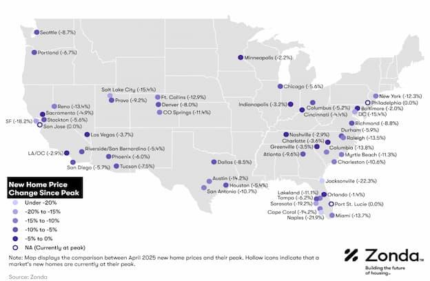 Map showing data revealing several trends and patterns emerging to pricing in the new-home market.