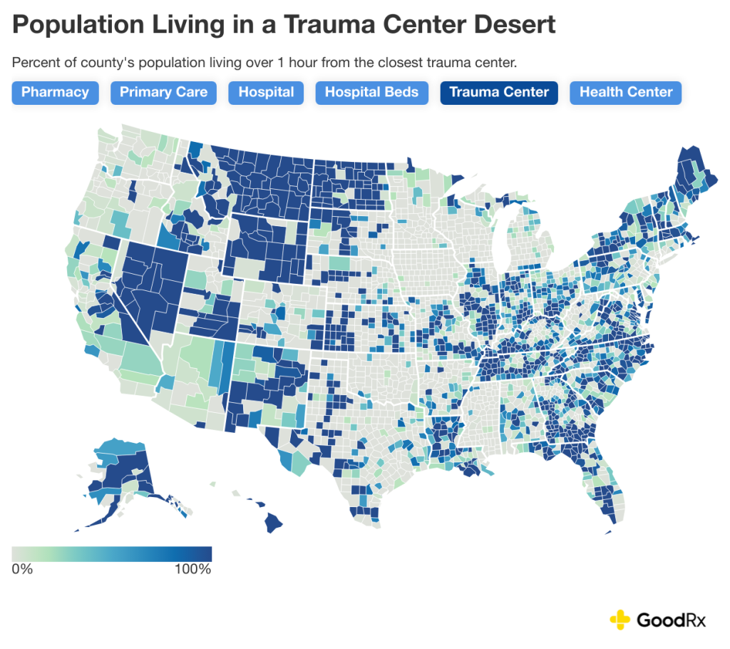 Data map showing the percent of county's population living over 1 hour from the closes trauma center.