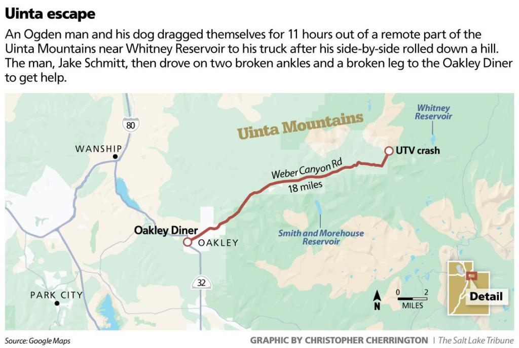 Map demonstrating the distance between the UTV crash site and Oakley Diner.