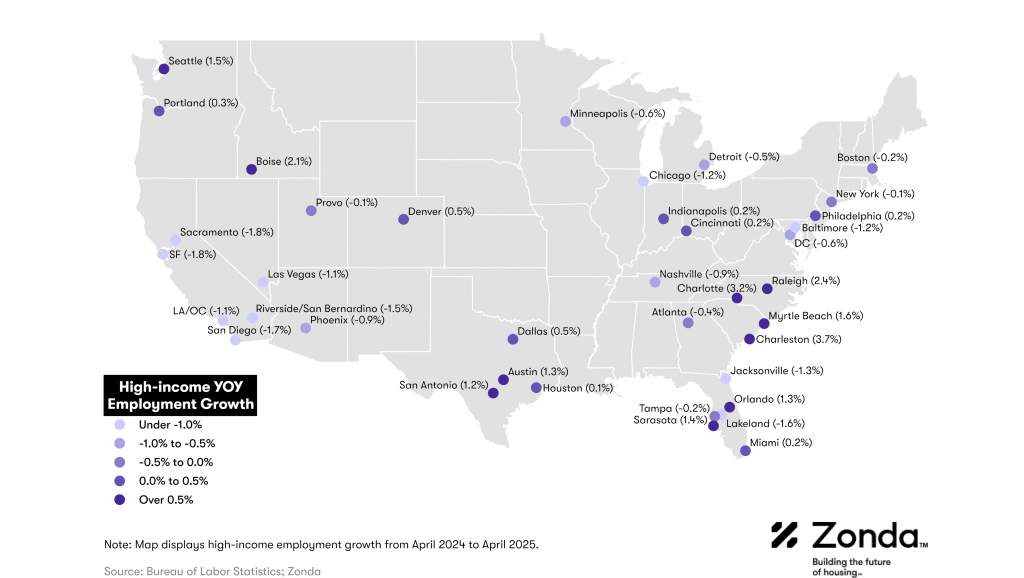 Data map of the U.S. showing the high-income YOY employment growth in the top U.S. cities.