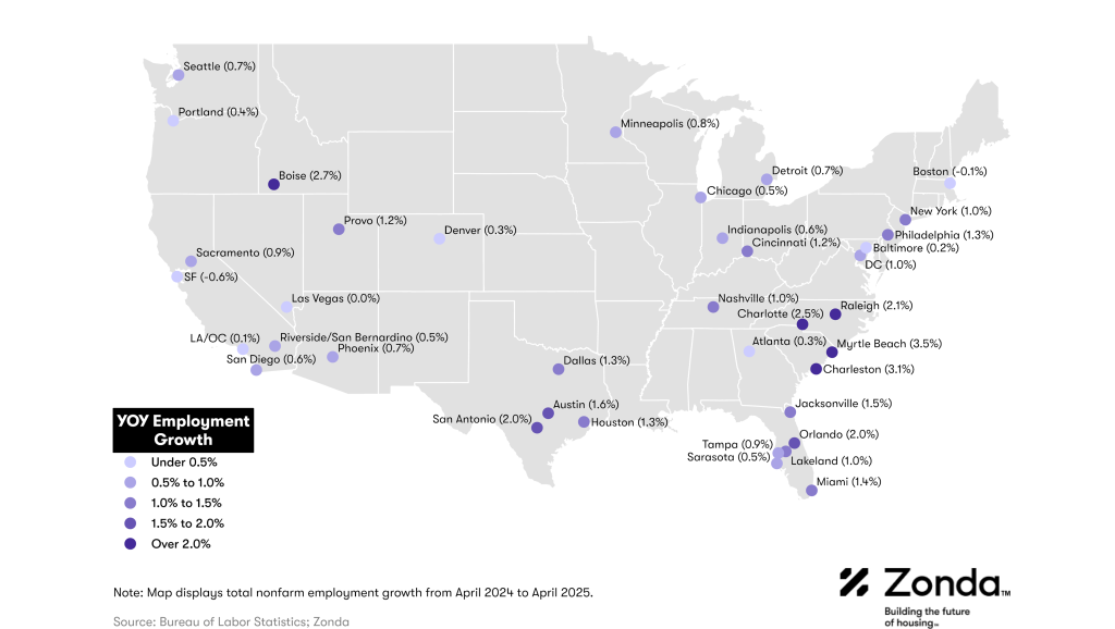 Data map of the U.S. showing the YOY employment growth in the top U.S. cities.
