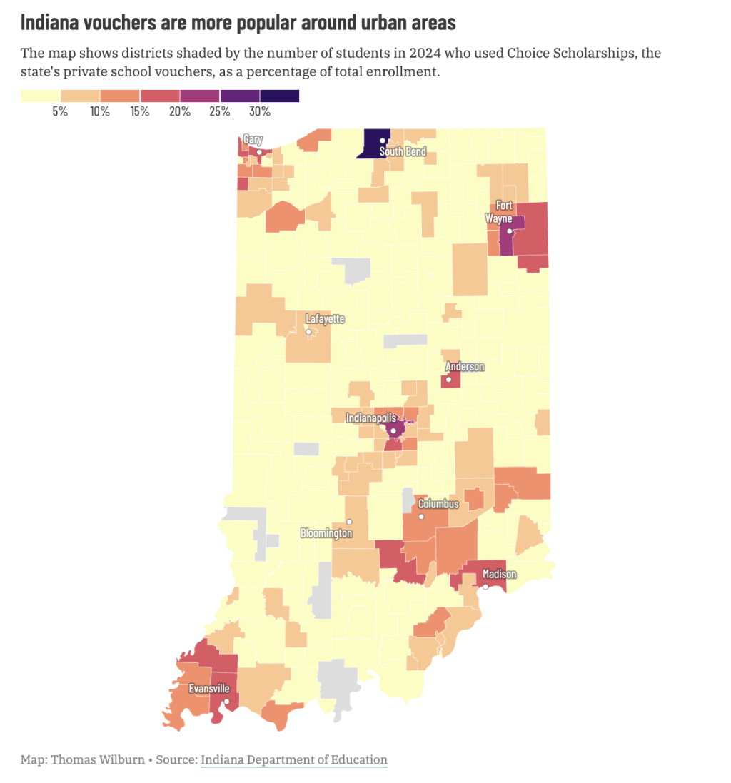 Map of Indiana showing which areas have more students that use vouchers to attend private school.