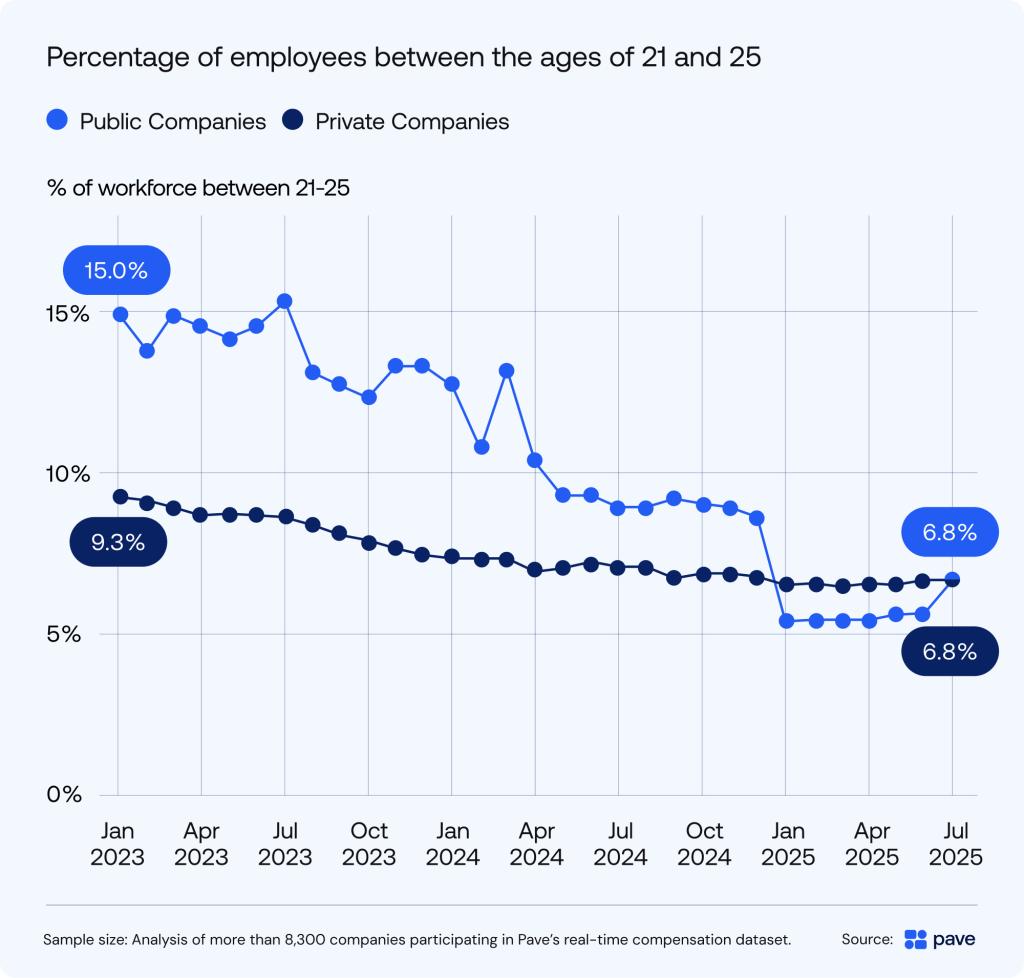 Data chart showing percentage of employees betweetn the ages of 21 and 25 in public and private companies.