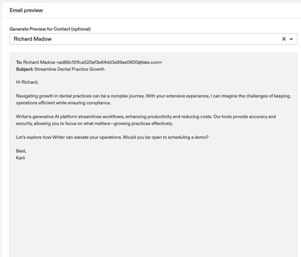 An email preview as a result of the prompt generated in the AI tool.
