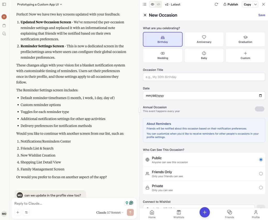 Screenshot of progress of building the UI in Claude.