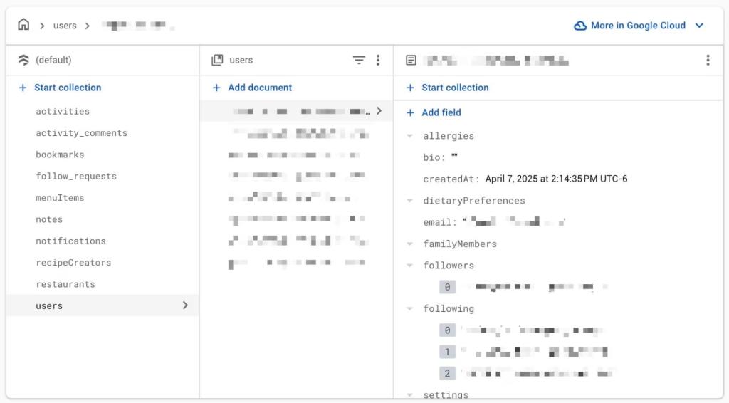 The Firebase database for the app, Taste.