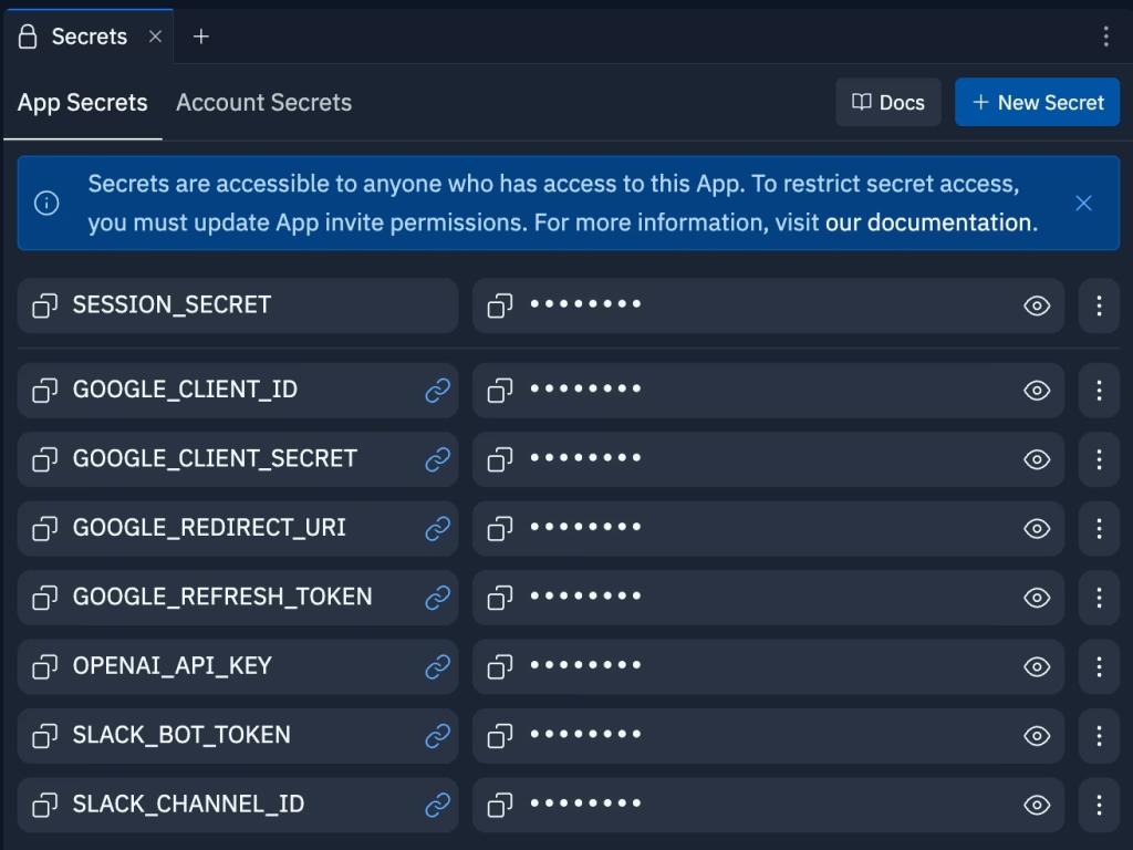 What adding secrets in Replit looks like.