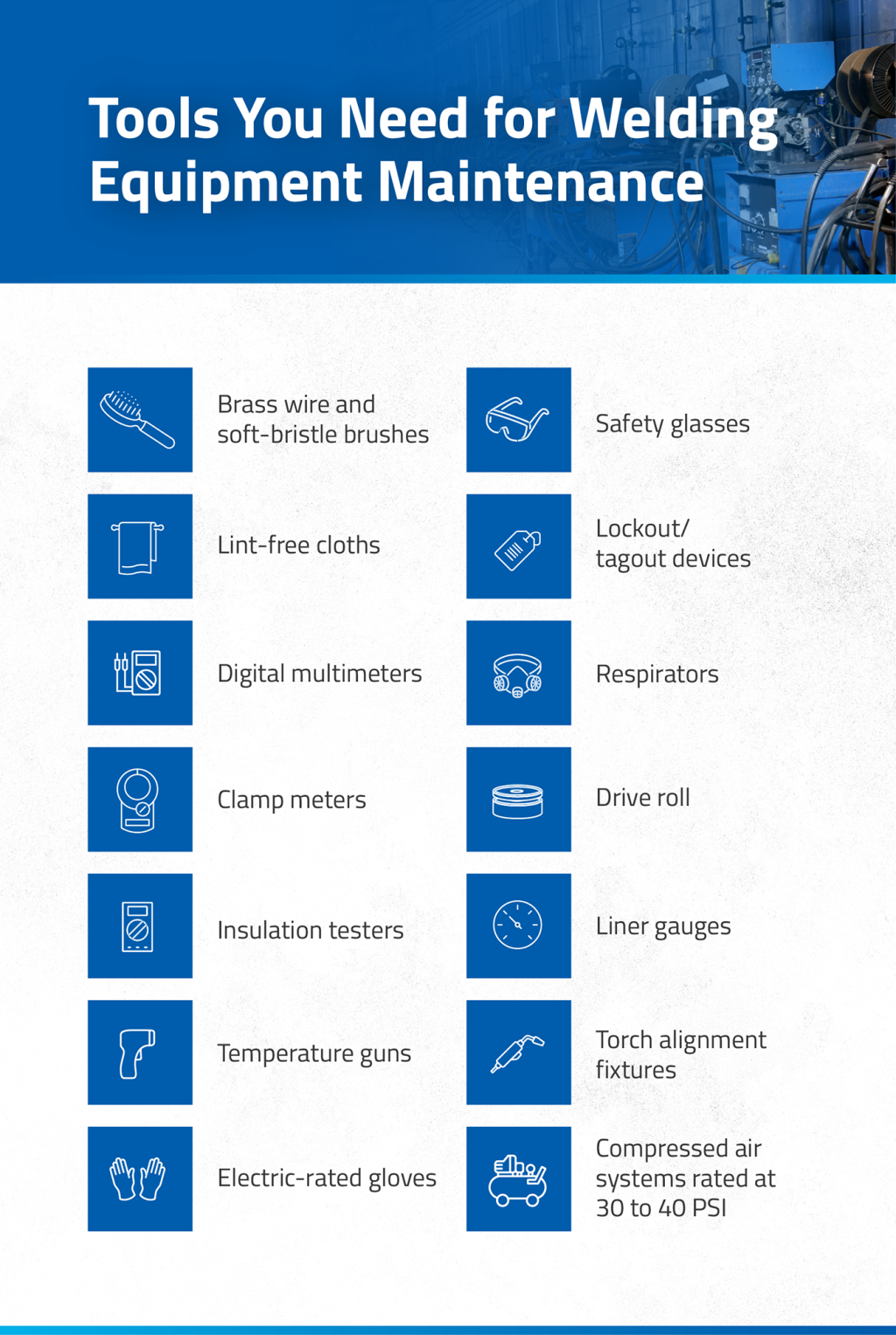 Infographic listing the tools you need for welding equipment maintenance.