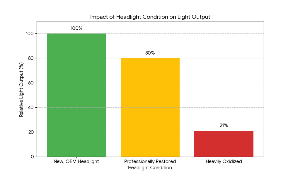 Data chart showing percentage results of impact of headlight condition on light output.