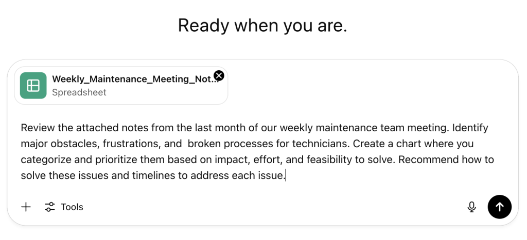 An in-depth example of an AI prompt to assist a maintenance team's weekly team meeting.