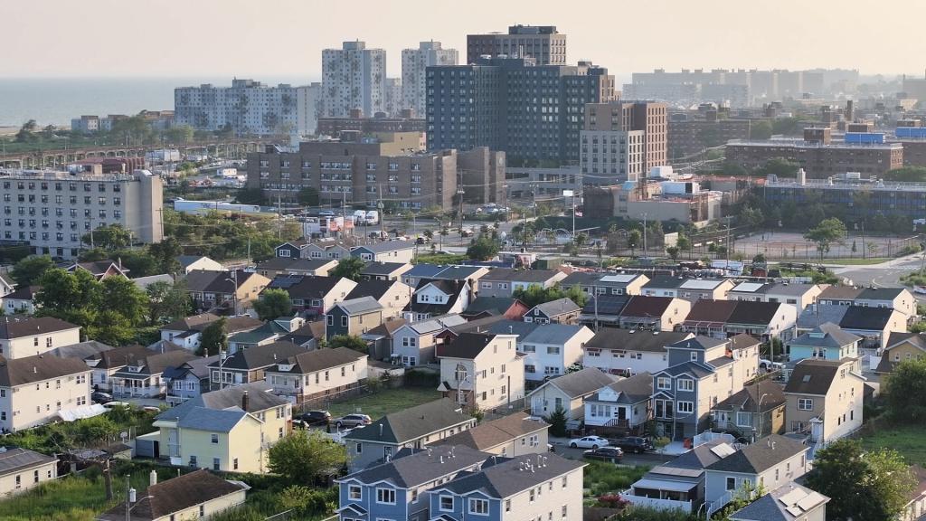 View of Edgemere Commons which is among several new affordable housing towers being built in the flood-prone neighborhood, Sea level rise predictions show its location to be partially submerged in water by the year 2100. 