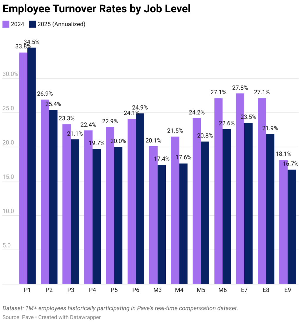 A data bar graph showing employee turnover rates by job level (2024, 2025 annualized).