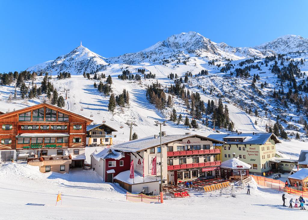 A view of mountain hotels in Obertauern Winter Resort in Austria.