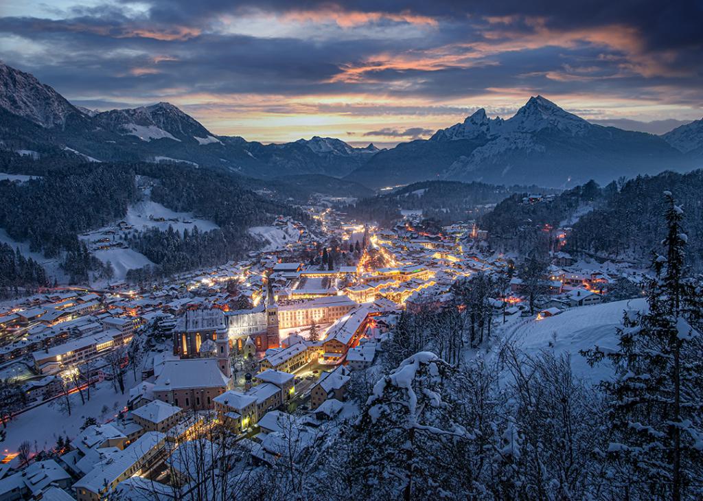 Aerial view of the Berchtsgaden municipality during winter in Bavaria, Germany.