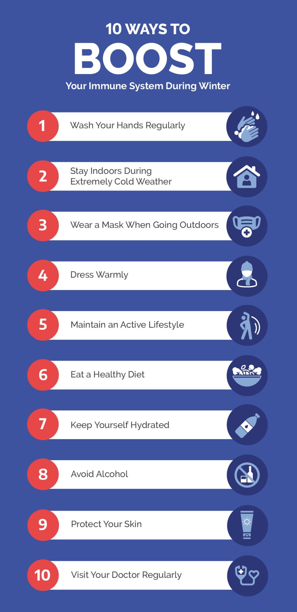 An infographic on the 10 ways to boost your immune system during winter.