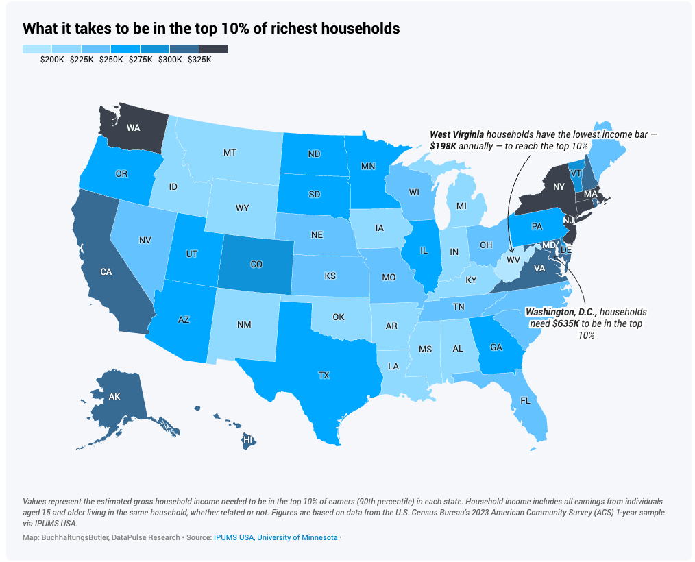 A data map of the US highlighting income range across the states.