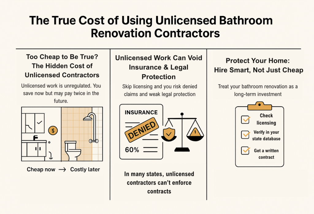 An infographic on the true cost of using unlicensed bathroom renovation contractors.