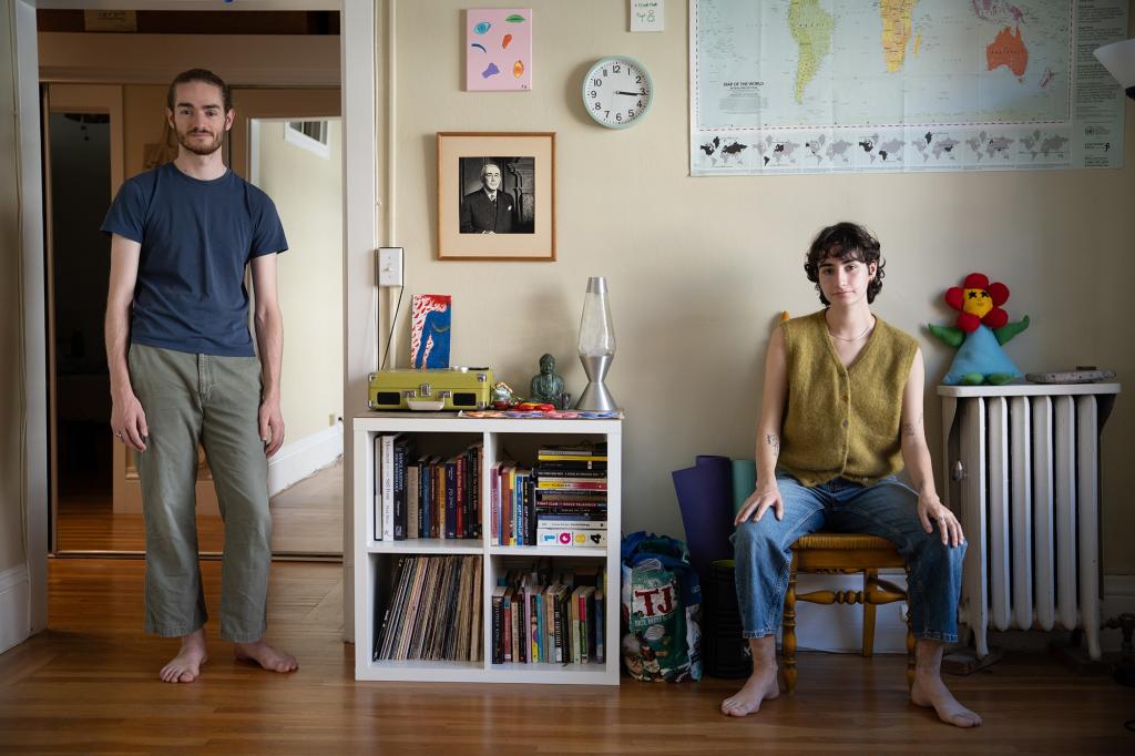 Henry Winslow, left, and Emma Andre in their home in Oakland.