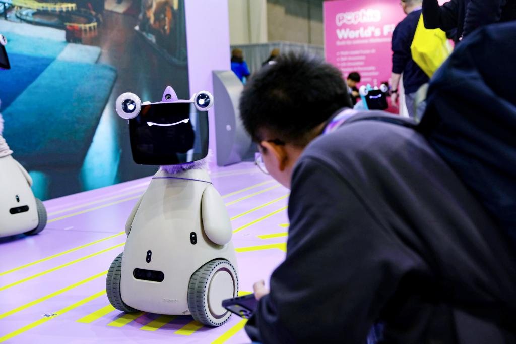 A spectator looks a robot pet which has wheels to move around and a tablet on its "face" with a tiny camera visible on a purple horn. 