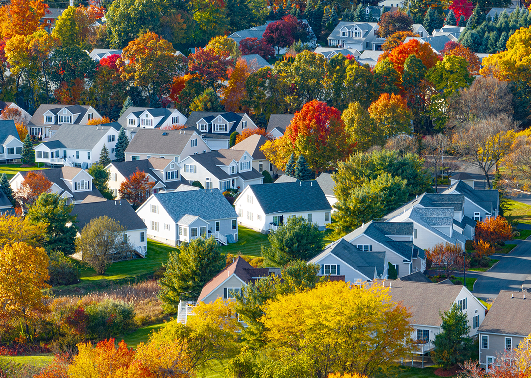 Aerial view of a peaceful Midwest town in Autumn.