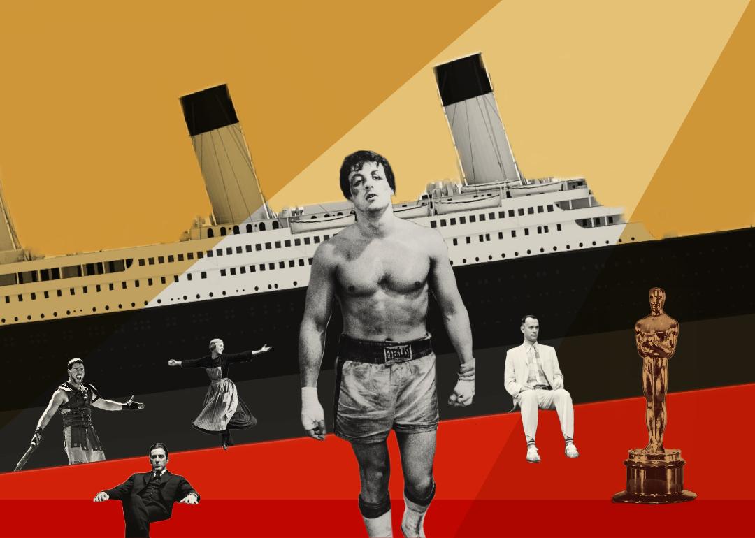 Photo illustration with a selection of lead actors from Best Picture winners and an Oscar statuette.
