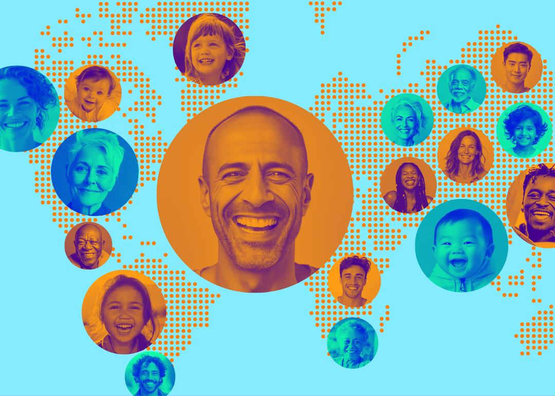 Diverse range of smiling faces laid over a dotted world map.