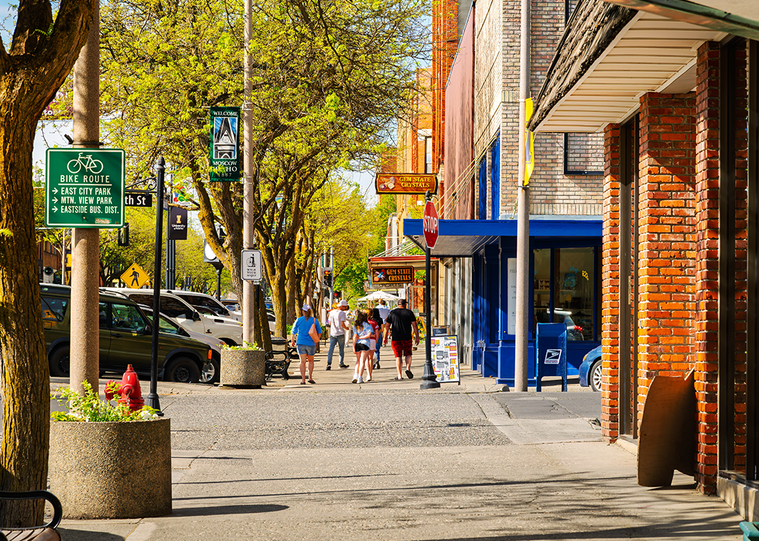 Shops, galleries, and cafes line Main Street in the historic downtown district of Moscow, Idaho.