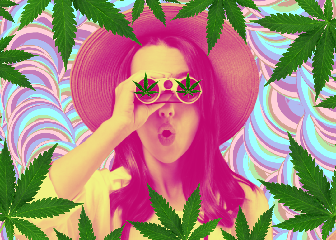 Amazed traveler looking through binoculars with cannabis leaves on the lenses. The image is framed by cannabis leaves and the backdrop is a psychedelic pattern.