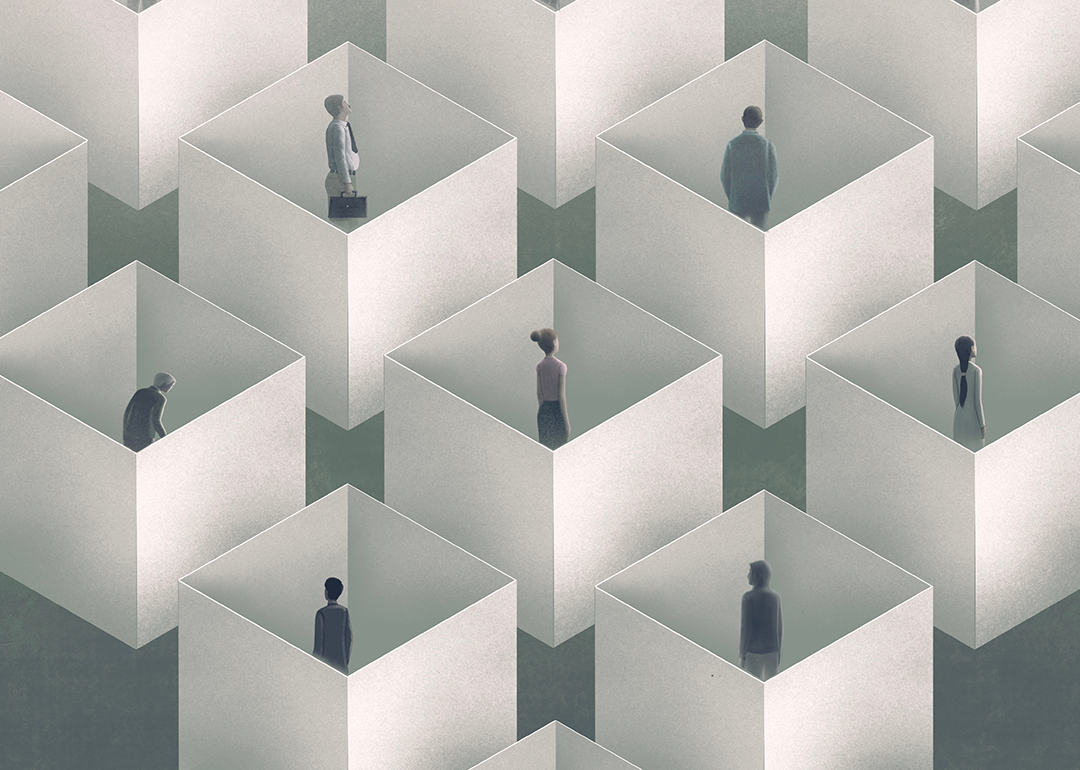 Conceptual illustration depicting lonely people in cubes.