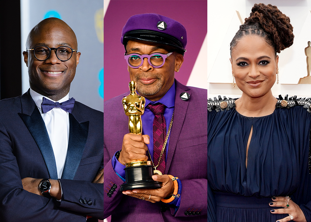 Portraits of Barry Jenkins, Spike Lee, and Ava DuVernay attending awards events.