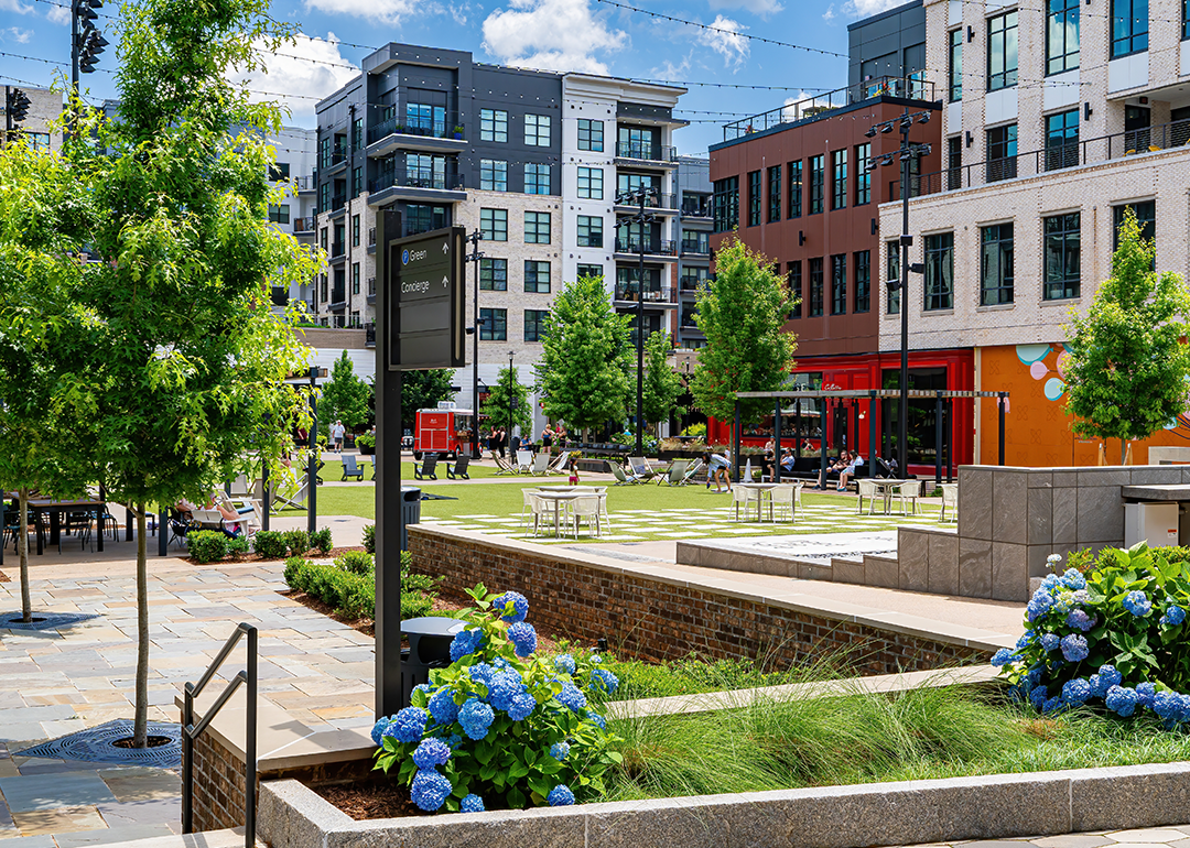 Open spaces and apartment complexes in the New Fenton Mixed Use Development.