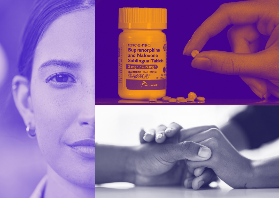 Cropped portrait, hand holding Suboxone pill, two people holding hands.