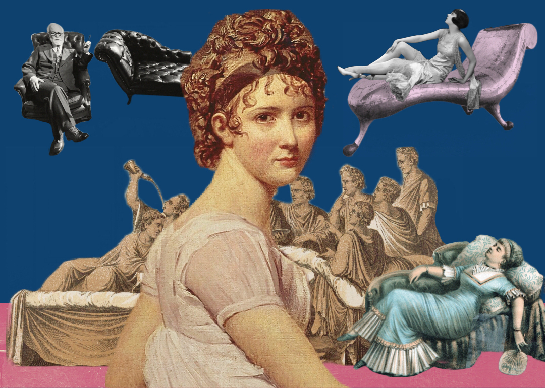 Collage with painting of Madame Recaimer and chaise lounge vignettes from history.