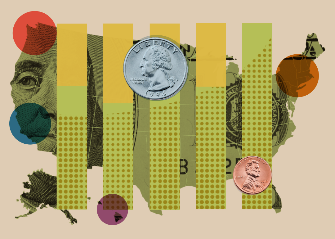 Photo collage with bar chart and coins in front of U.S. map.