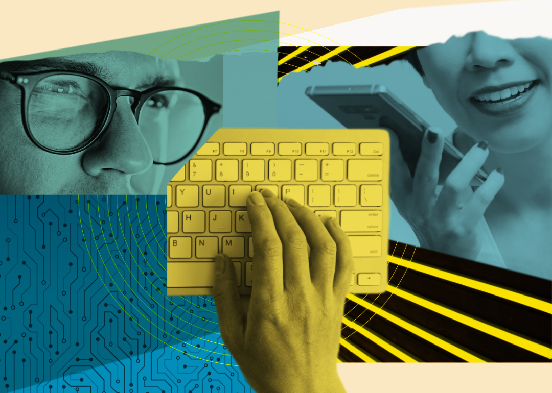 Collage illustration with people using devices.