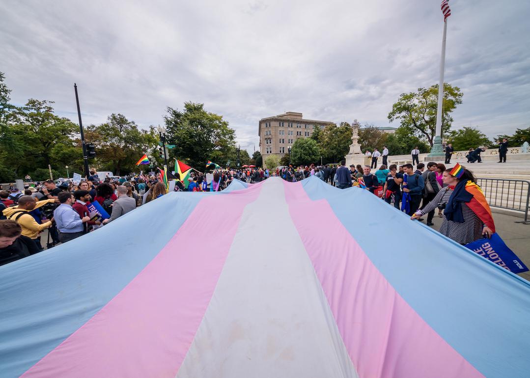 A giant Trans Flag unfurled outside the Supreme Court in 2019