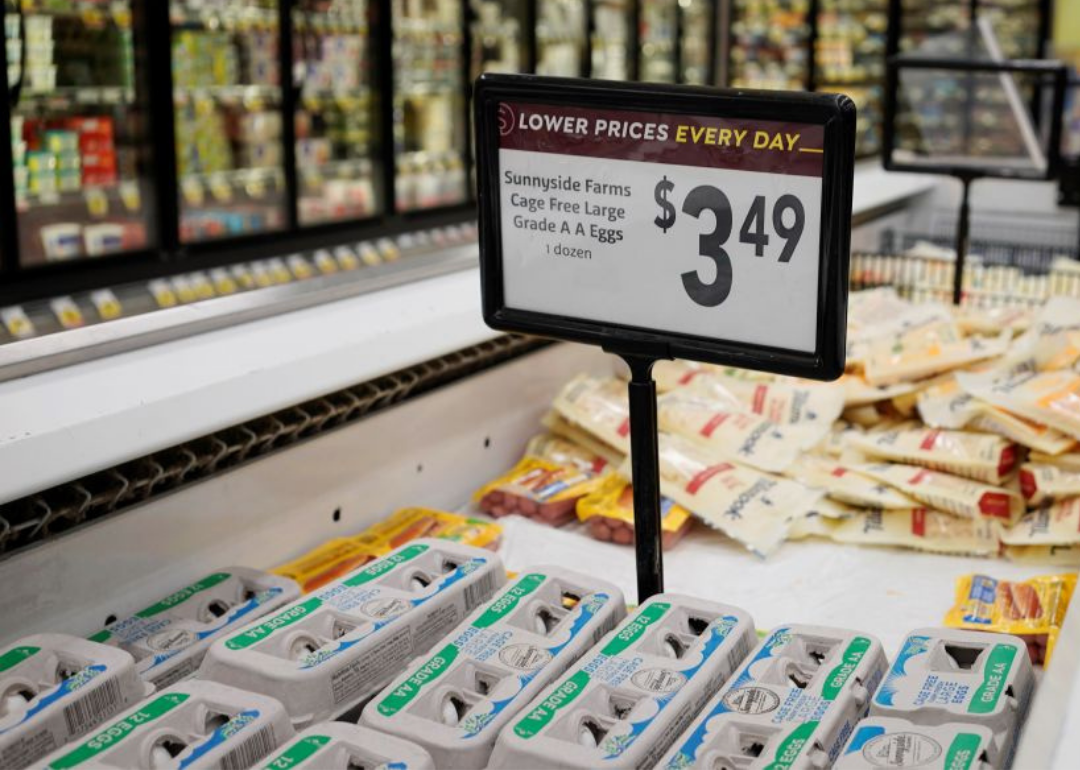 A sign showing the price of eggs as $3.49
