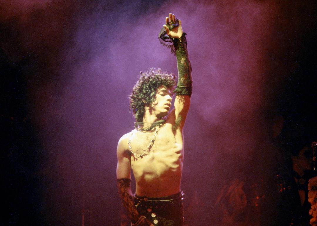 Prince performs live at the Fabulous Forum on February 19, 1985 in Inglewood, California.