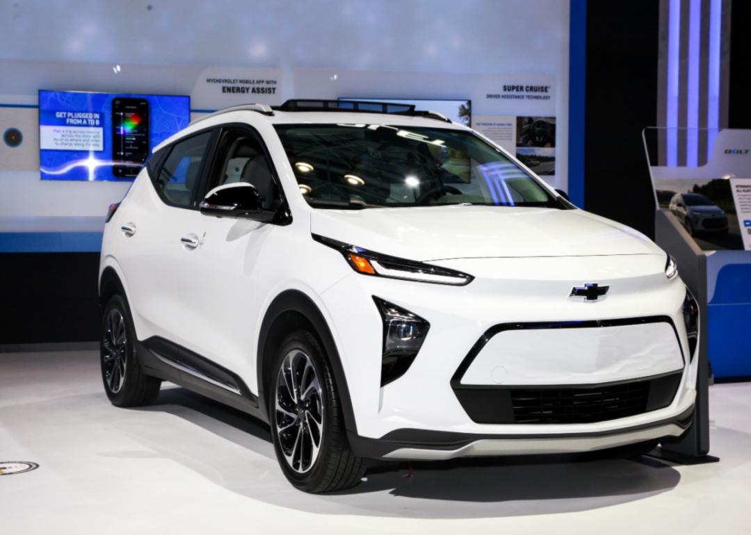 A white Chevrolet Bolt EUV on display in a showroom.