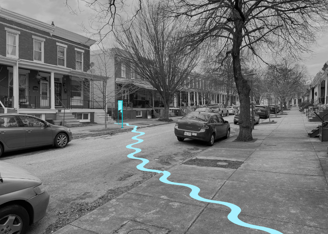 Ghost Rivers installation rendering along Lorraine Ave. in Baltimore