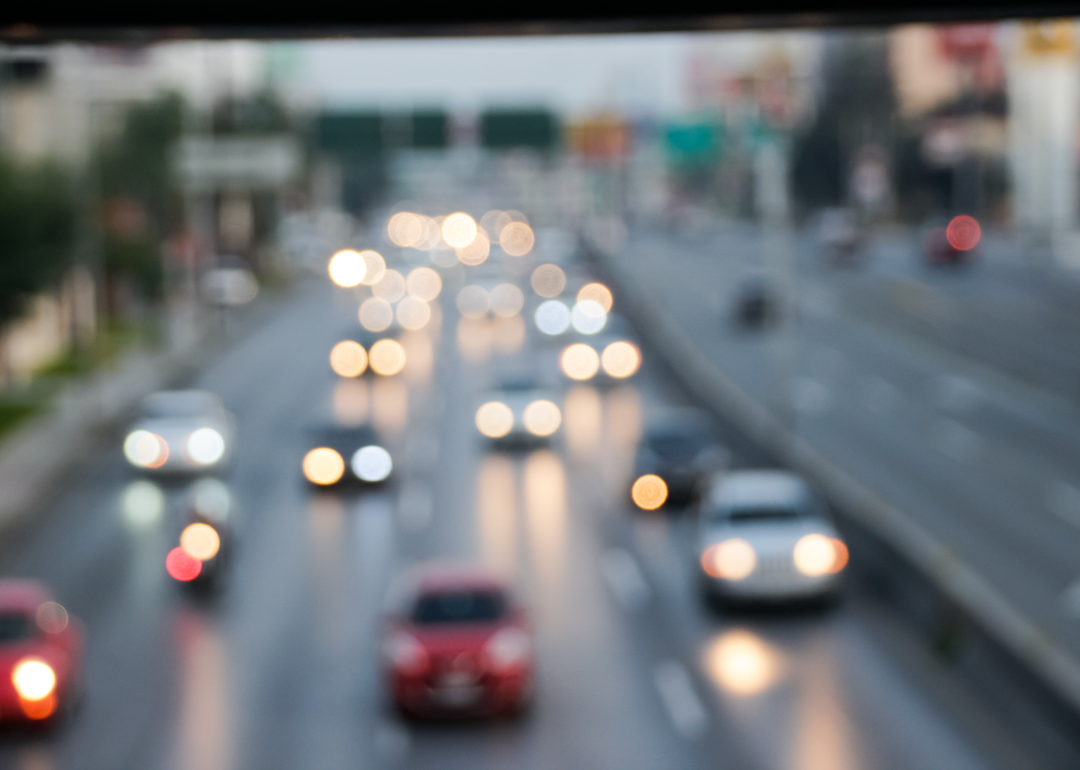 A slightly blurred photo of traffic on a multilane roadway