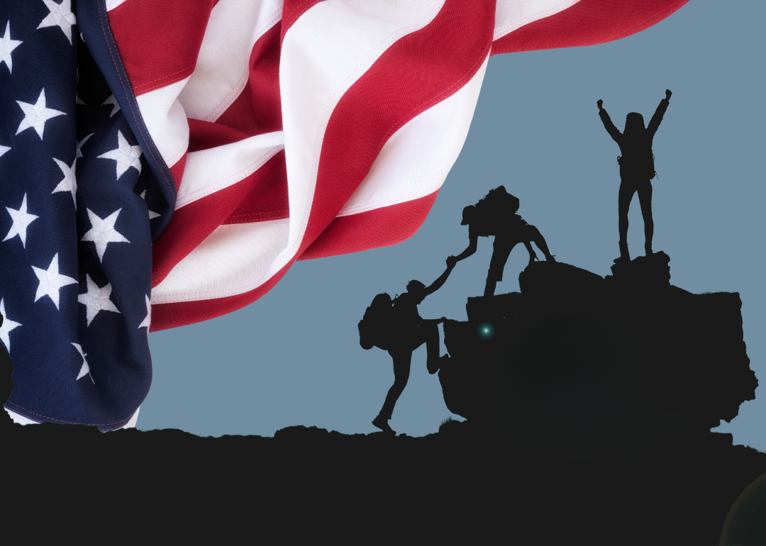 A photo illustration of military personnel climbing atop a tank with an American flag in the foreground