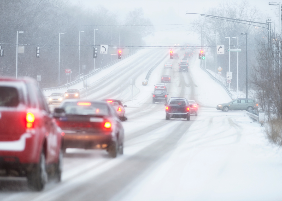 A slippery winter road with traffic