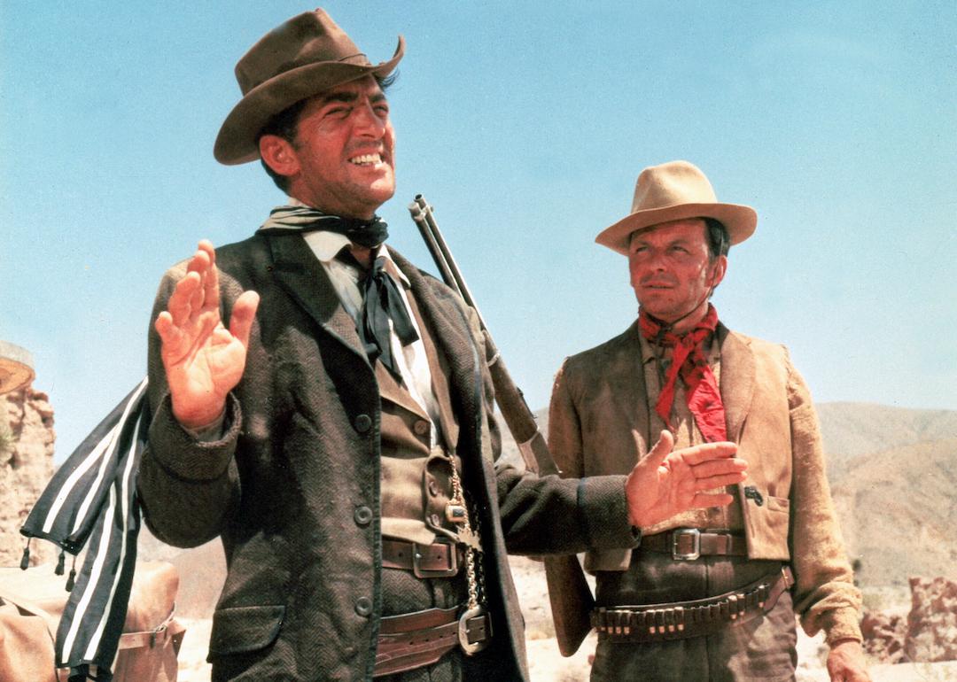 Actors Dean Martin and Frank Sinatra as Joe Jarrett and Zack Thomas respectively in a scene from the 1963 Western film '4 for Texas.'