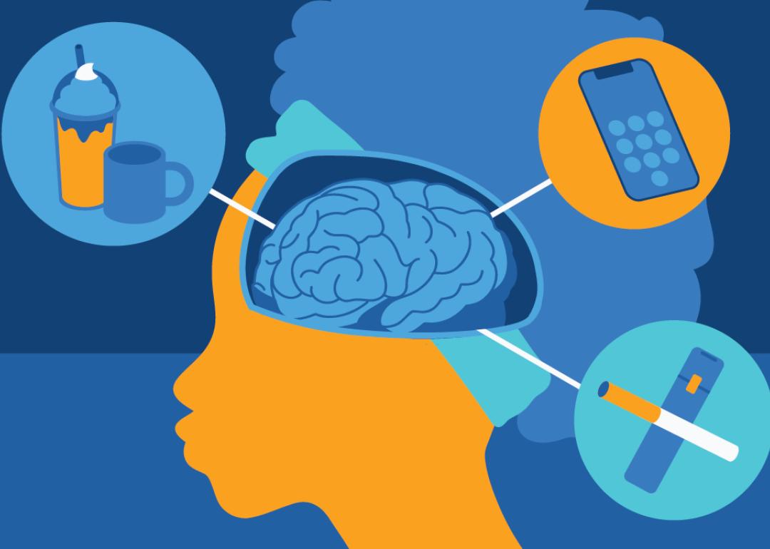 Illustration showing a teens brain being affected by drinks, social media and cigarettes.