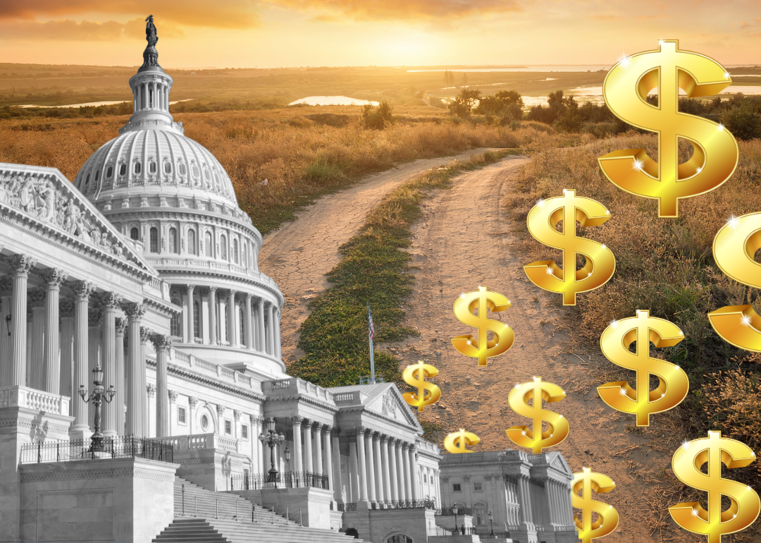 Photo Illustration showing the US Capitol building superimposed alongside gold-colored dollar signs over a rural landscape