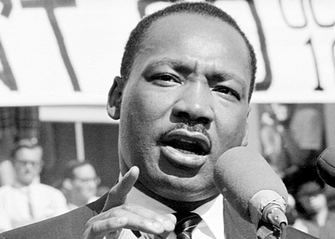 Civil rights leader Rev. Martin Luther King Jr. delivers a speech at UC Berkeley in California on May 17, 1967.