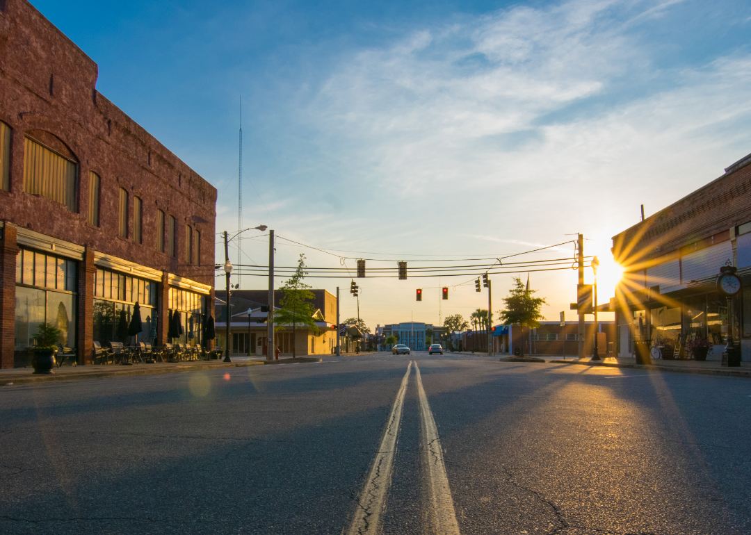 sunset on main street in a small town