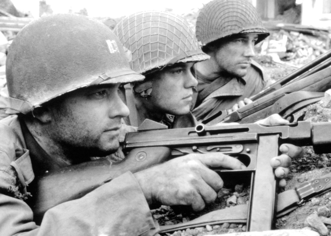 Left to right, Tom Hanks, Edward Burns and Matt Damon await approaching German forces in a scene from "Saving Private Ryan"